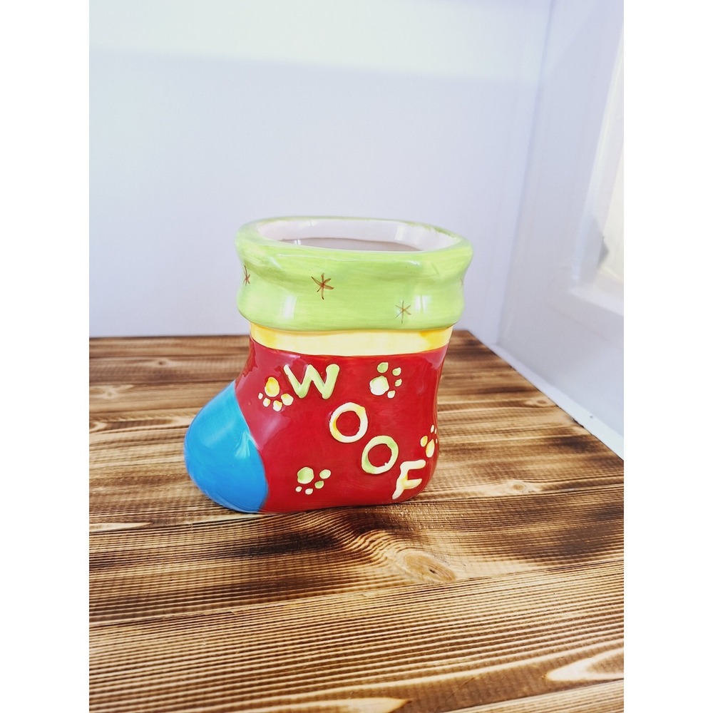 FOR YOUR Dog Treats Ceramic Cookie Jar Vintage Stocking Christmas No Lid "WOOF"